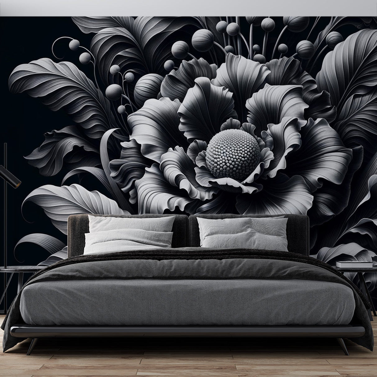 Black and white floral wallpaper creating drama in a modern living room with minimal furniture