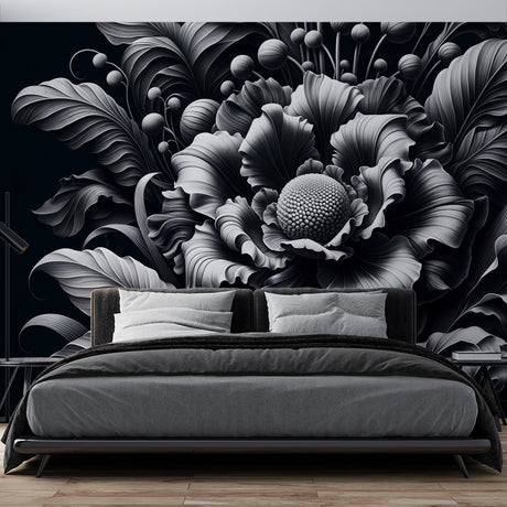 Black and white floral wallpaper creating drama in a modern living room with minimal furniture