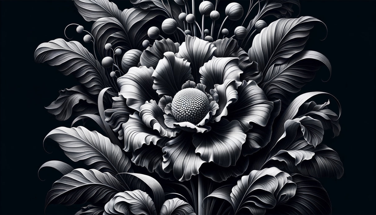 Monochrome botanical wallpaper making a statement in a luxurious master bedroom