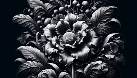 Monochrome botanical wallpaper making a statement in a luxurious master bedroom