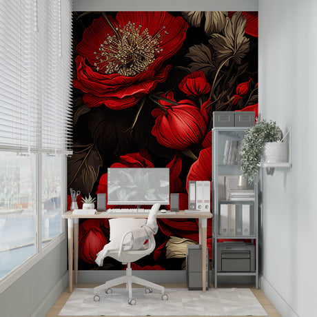 Red rose wallpaper mural creating drama in a modern living room with black furniture