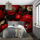 Dark floral mural with red roses making a statement in master bedroom