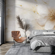 Beige and gold floral wallpaper in modern living room creating an elegant atmosphere