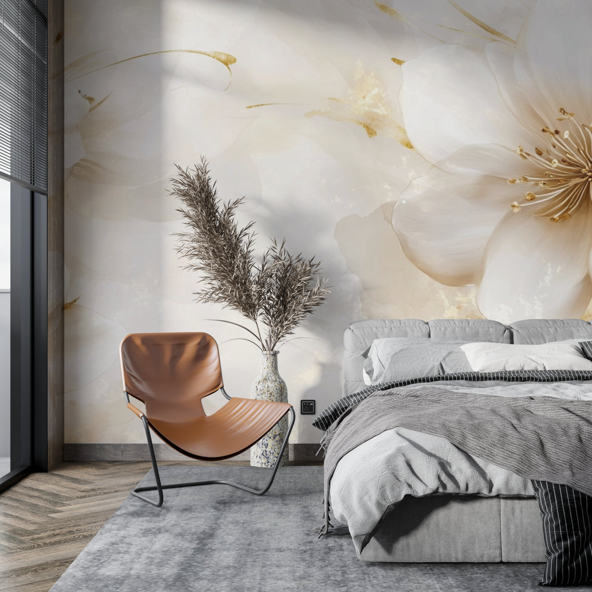 Beige and gold floral wallpaper in modern living room creating an elegant atmosphere