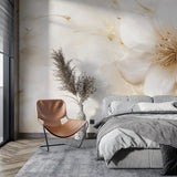 Beige and gold floral wallpaper in modern living room creating an elegant atmosphere