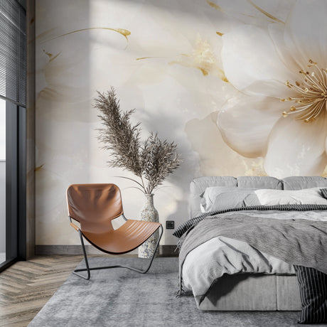 Beige and gold floral wallpaper in modern living room creating an elegant atmosphere