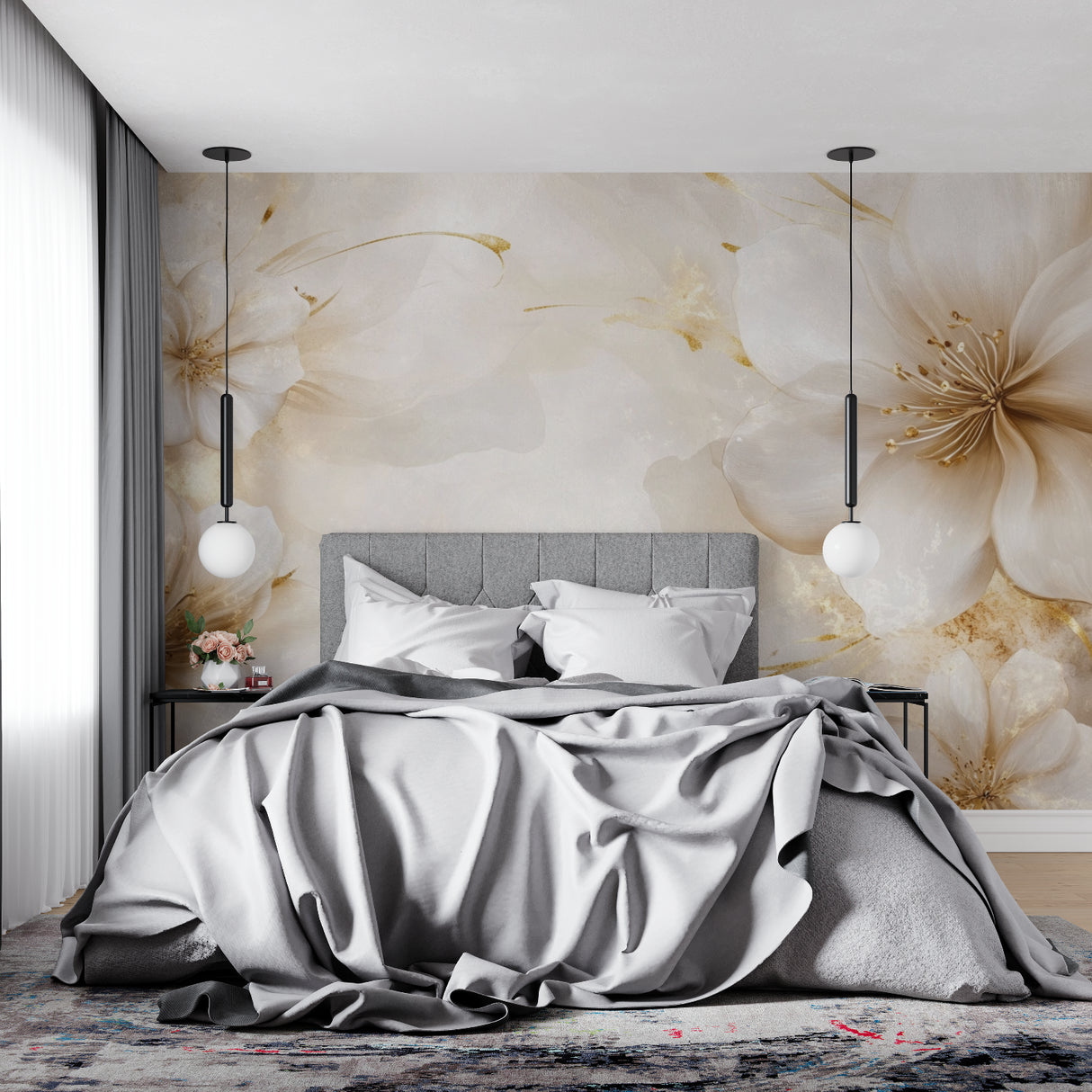 Master bedroom with soft golden bloom wallpaper showing morning light effect