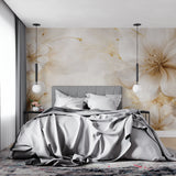 Master bedroom with soft golden bloom wallpaper showing morning light effect