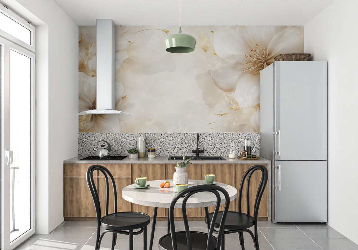 Dining room featuring beige floral wall mural with golden accents