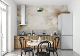 Dining room featuring beige floral wall mural with golden accents