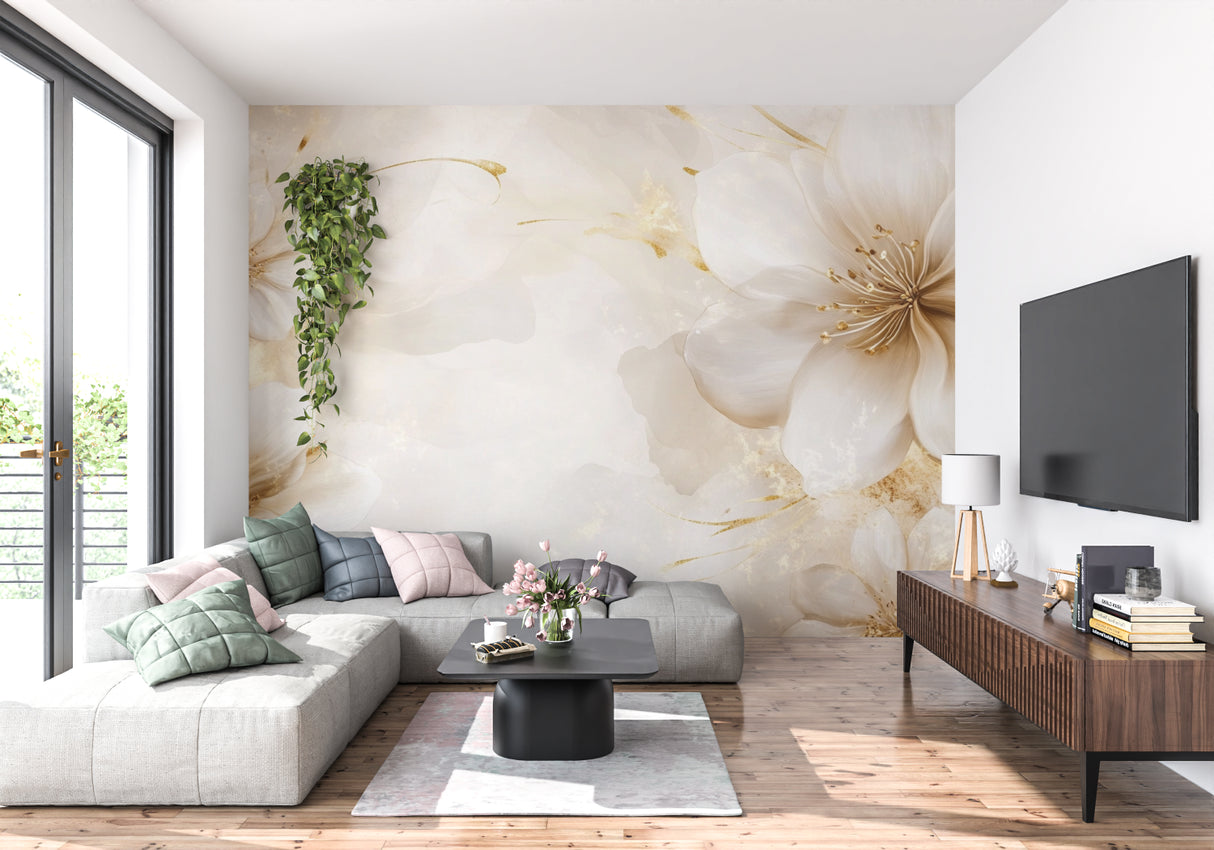 Home office with neutral flower wallpaper creating a calm workspace