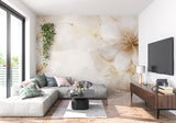 Home office with neutral flower wallpaper creating a calm workspace