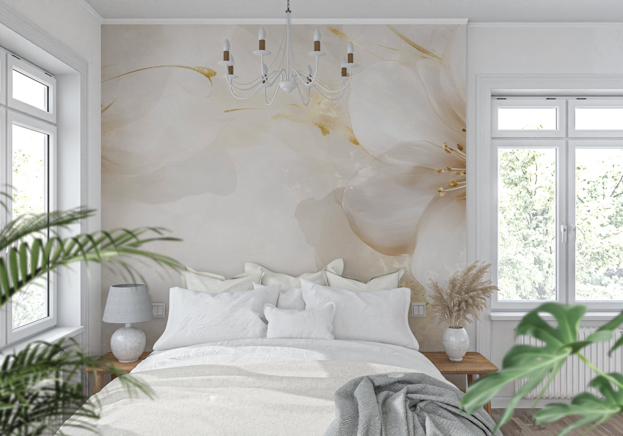 Entryway transformed with elegant beige and gold bloom wallpaper