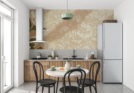 Beige floral wallpaper creating a serene atmosphere in a modern living room with natural light