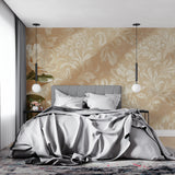 Floral wallpaper adding charm to a home office with minimal furniture