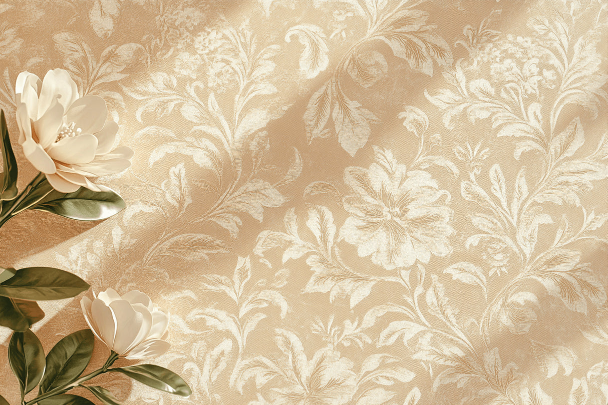 Beige and white floral wallpaper design file showing intricate botanical pattern detail