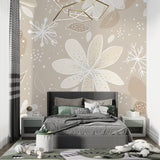 Master bedroom with soft beige floral wallpaper creating peaceful atmosphere