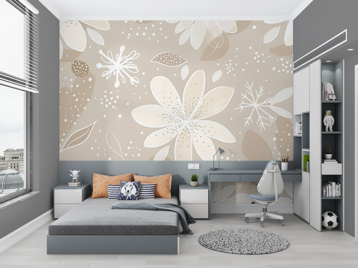 Home office featuring elegant snowflake pattern wallpaper in natural light