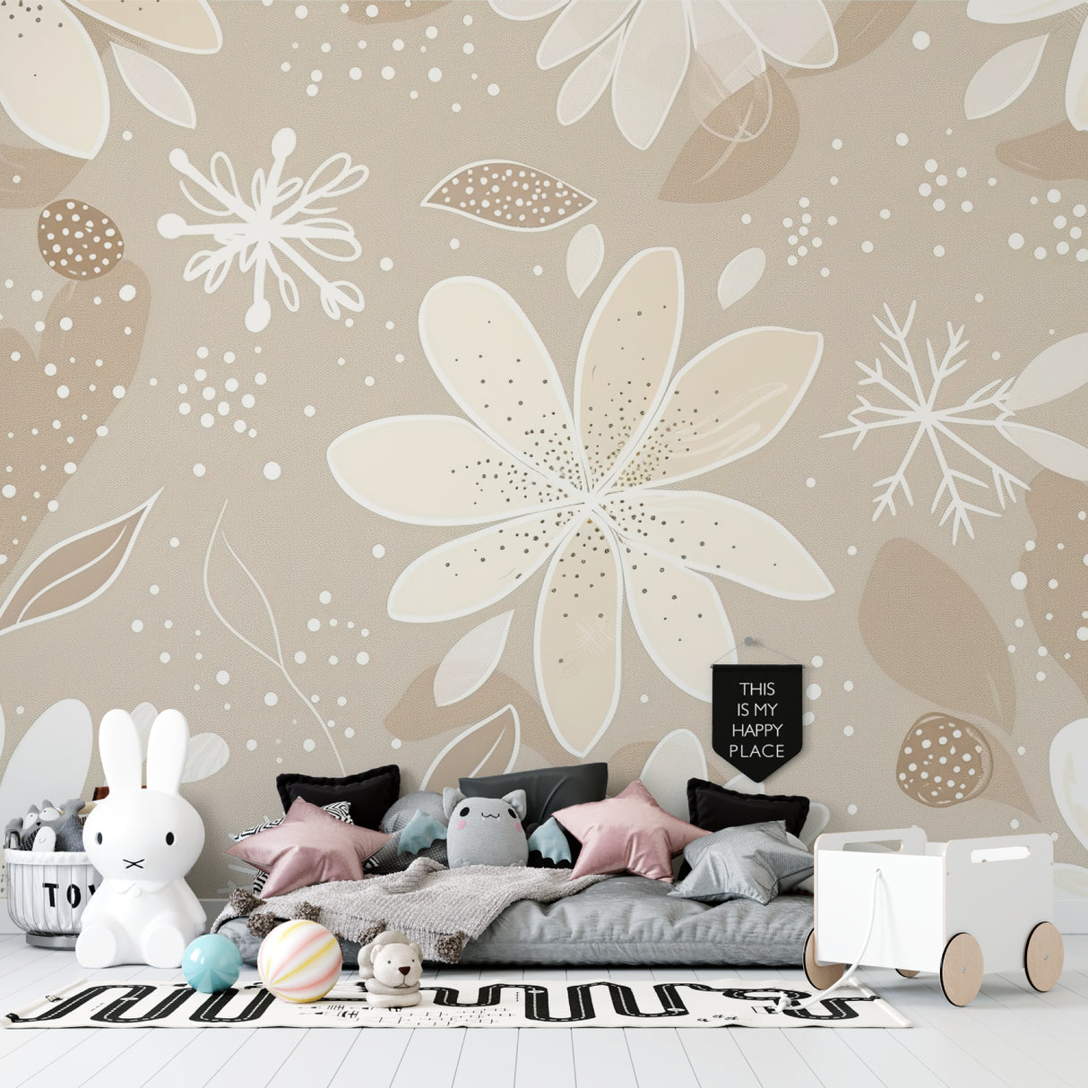 Dining room with beige floral wallpaper showing pattern scale and room depth