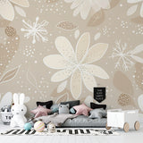 Dining room with beige floral wallpaper showing pattern scale and room depth