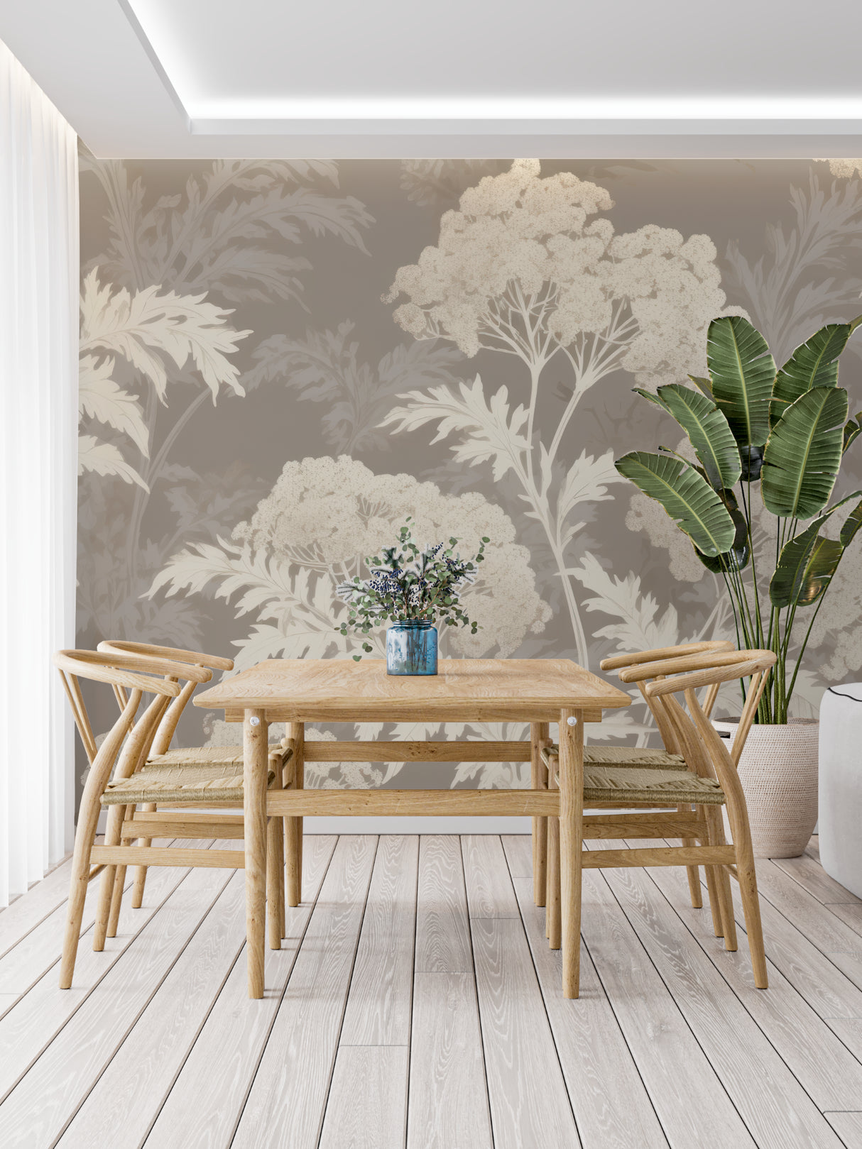 Botanical tree wallpaper in modern living room creating a calm, natural atmosphere