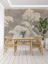 Botanical tree wallpaper in modern living room creating a calm, natural atmosphere