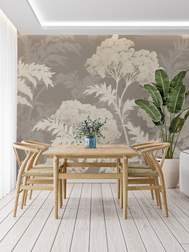 Botanical tree wallpaper in modern living room creating a calm, natural atmosphere