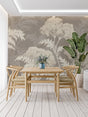 Botanical tree wallpaper in modern living room creating a calm, natural atmosphere