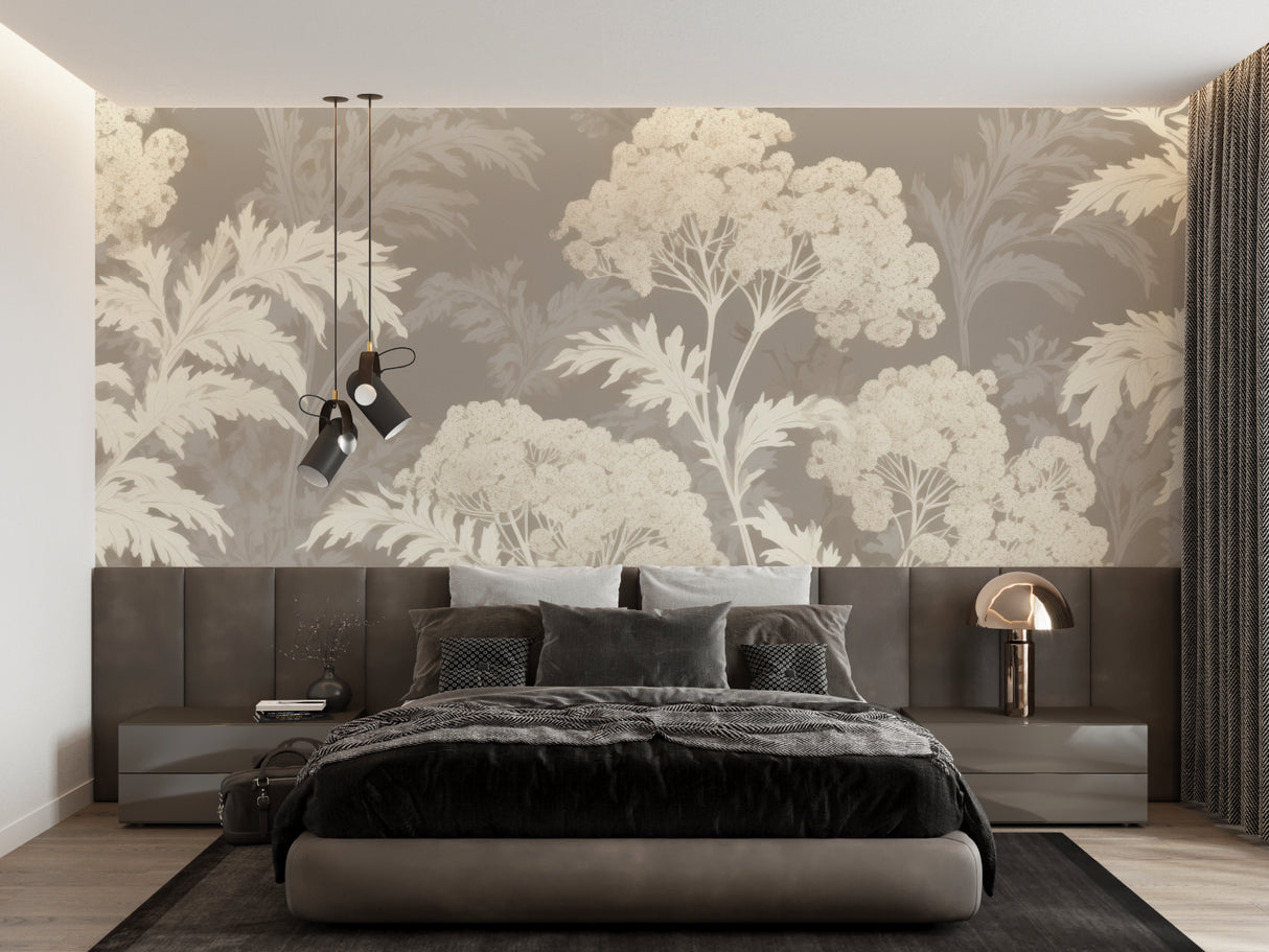 Elegant beige tree pattern mural in master bedroom with natural light
