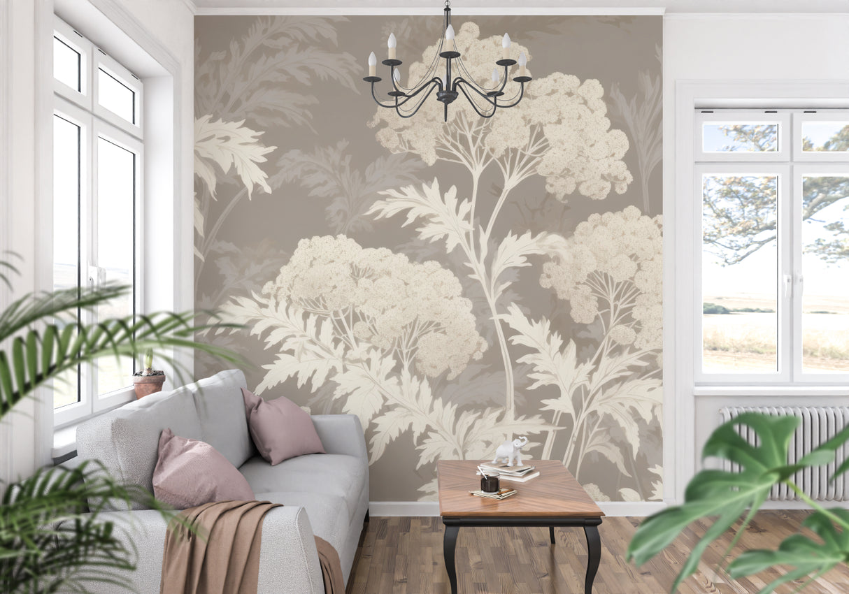 Botanical wallpaper creating serene home office environment