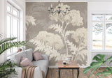 Botanical wallpaper creating serene home office environment
