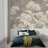 Tree pattern mural enhancing entryway with soft beige tones