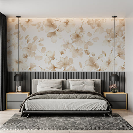 Beige floral wallpaper creating a serene atmosphere in a modern living room