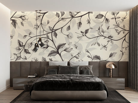 Black and white floral wallpaper creating an elegant backdrop in a modern living room setting