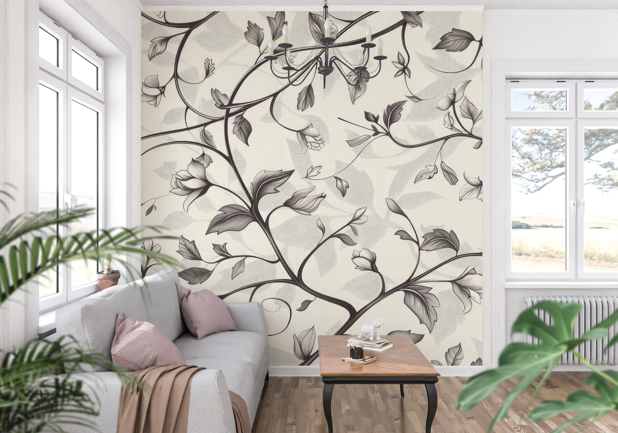 Botanical wall mural showcasing delicate vines in a bright dining room