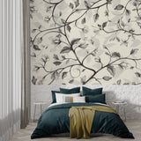 Black and white vine pattern adding sophistication to a master bedroom wall