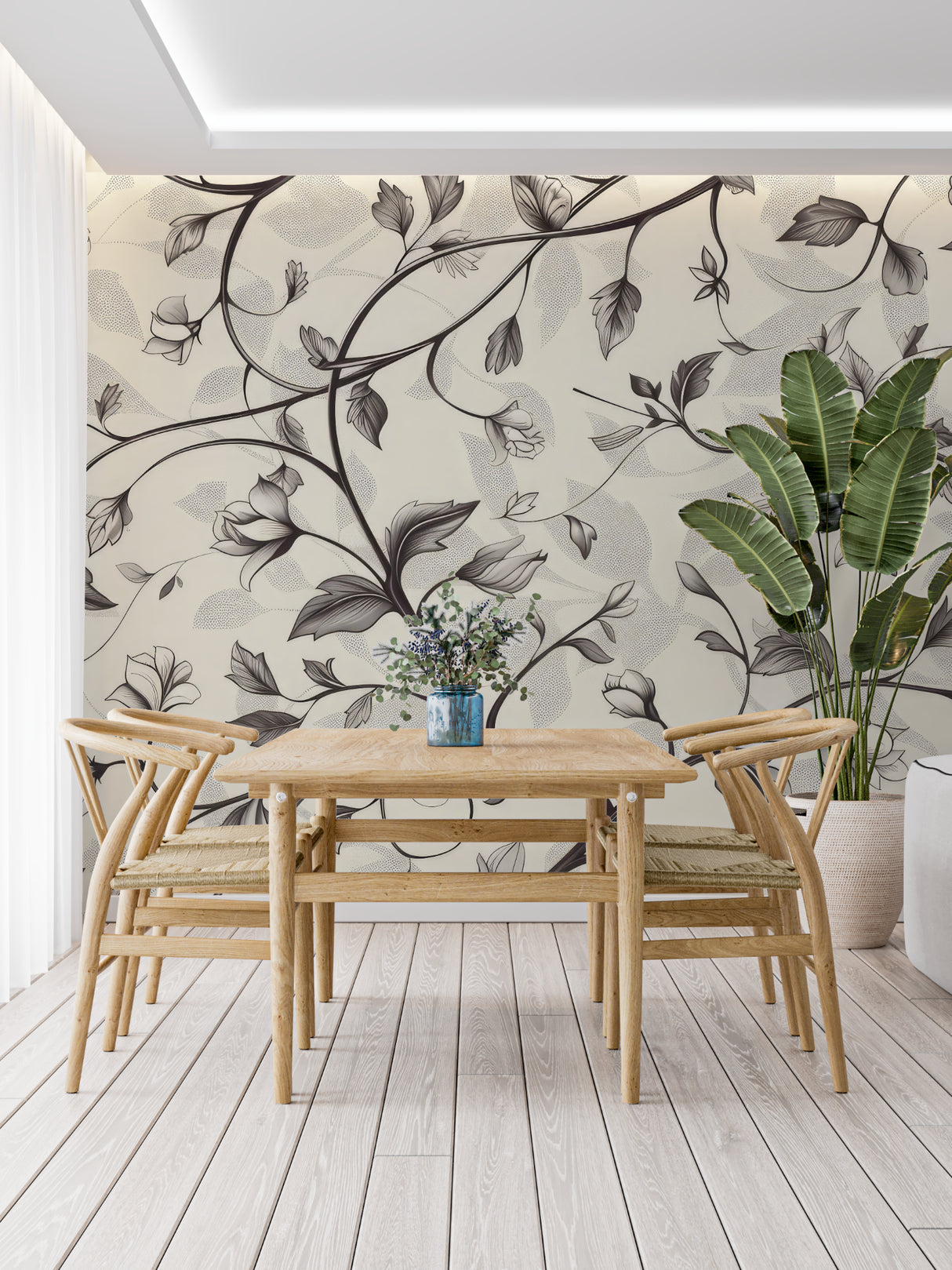 Floral wallpaper design bringing natural elements to a home office space