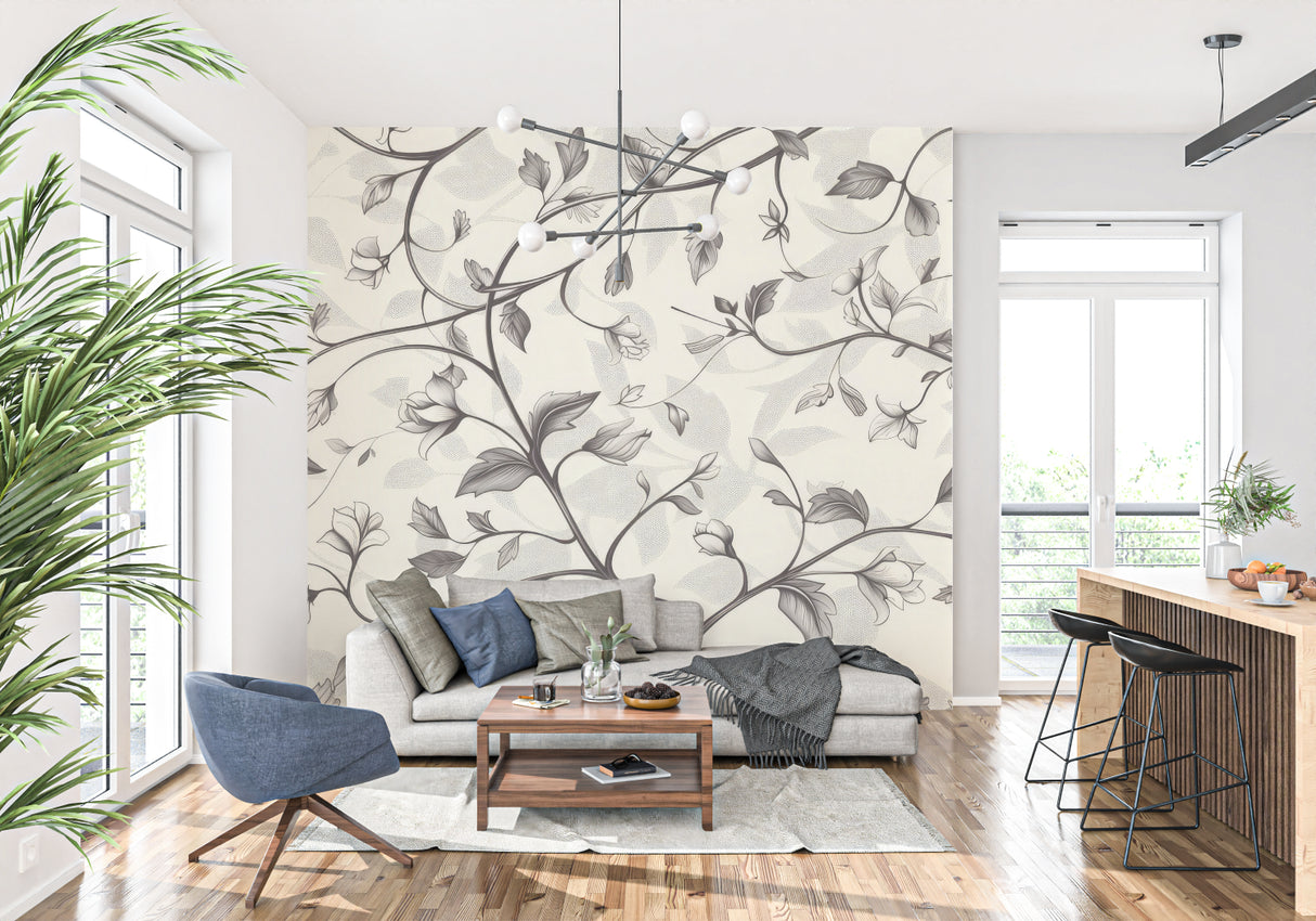 Botanical mural creating an elegant atmosphere in an entrance hallway