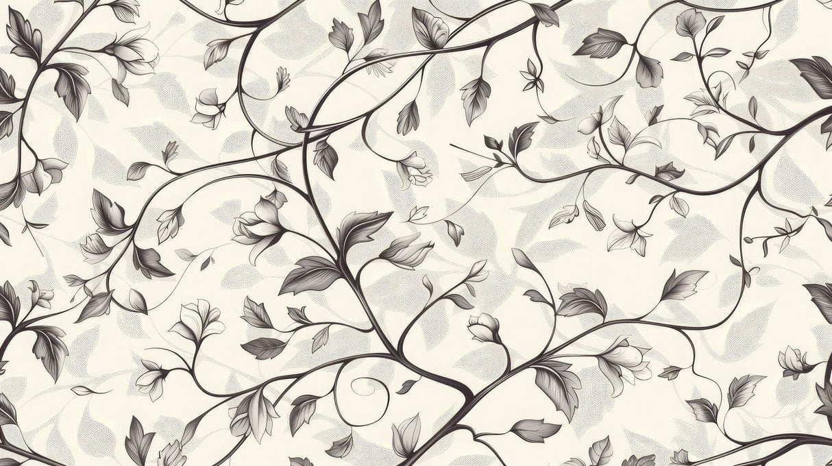 Black and white floral design file showing intricate vine pattern and detailed botanical elements