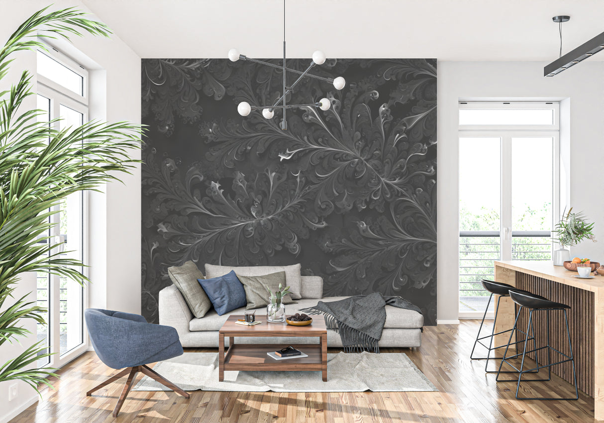 Dramatic black floral damask wallpaper creating luxury feel in master bedroom