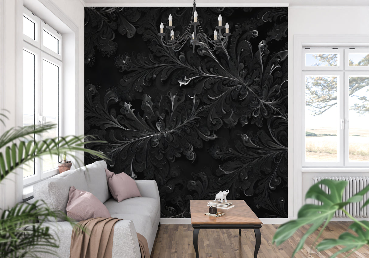 Elegant damask pattern wallpaper showcased in dining room with crystal chandelier
