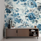 Blue floral wallpaper in modern living room creating fresh, airy atmosphere