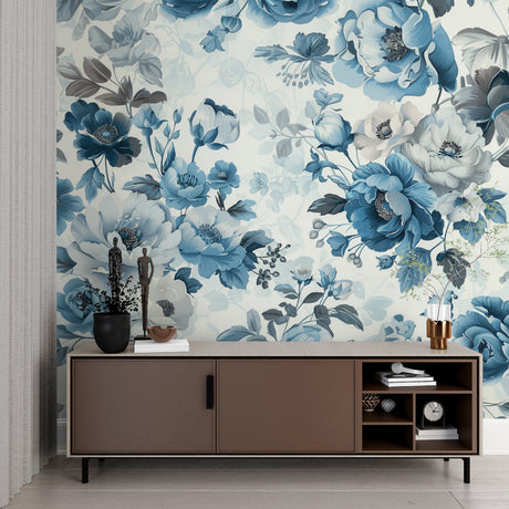 Blue floral wallpaper in modern living room creating fresh, airy atmosphere