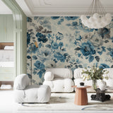 Elegant blue and white floral mural in master bedroom setting
