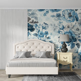 Blue botanical wallpaper featured in bright dining room