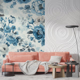 Floral wall mural in home office showing blue and white bloom pattern