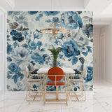 Blue floral wallpaper adding elegance to entrance hallway