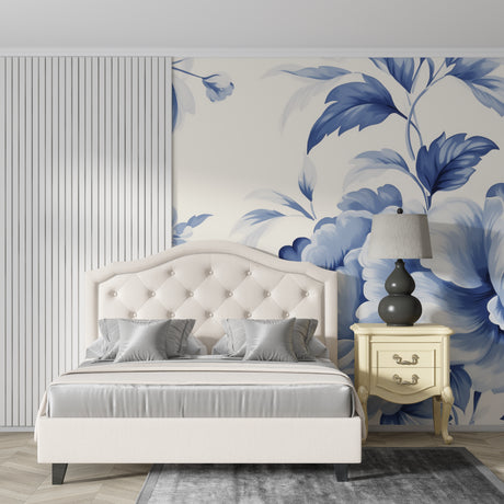 Blue floral wallpaper in modern living room creating an airy, bright atmosphere