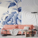 Elegant blue botanical mural in master bedroom showing scale of leaves