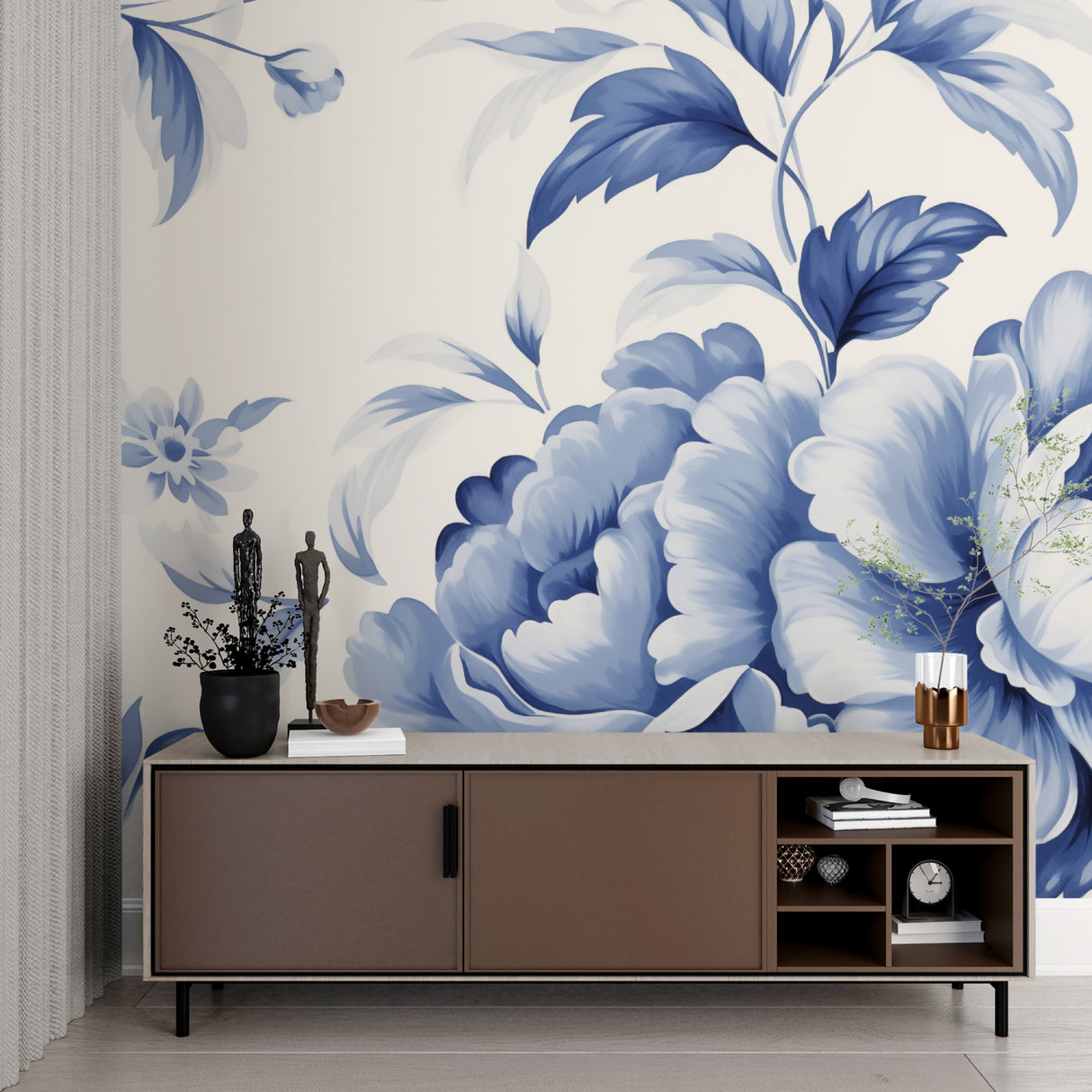 Watercolor blue leaves wallpaper in home office space